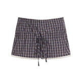 Women's Plaid Lace Trim Elastic Tie-Waist Trendy Woven Short Shirt Set