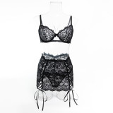 Women's Sexy Lightweight Hollow-Out Underwire Push-Up Lace Bra Drawstring Bodycon Skirt Lingerie Set