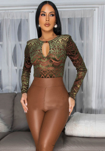 Women's Sexy Autumn Slim-Fitting Flocked Round Neck Long Sleeve Stretch Bodysuit