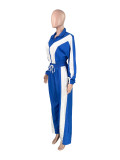 Women's Fashion Color-Blocking Zipper Cardigan Wide-Leg Drawstring Sport Pants Two-Piece Set