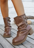 Stylish Brown Mid-Calf Boots with Chunky Sole Fashion Shorts for Women