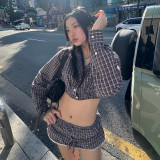 Women's Plaid Lace Trim Elastic Tie-Waist Trendy Woven Short Shirt Set