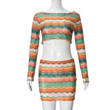 Women's Autumn Winter Sexy Crop Top Yarn-Dyed Multi-Color Skirt Set