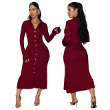 Women's Fashion V-Neck Single Row Buttons Long Sleeve Solid Long Dress