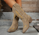 Women's Fashion Autumn Winter Mid Heel Round Toe Plus Size Embroidered Leather Boots