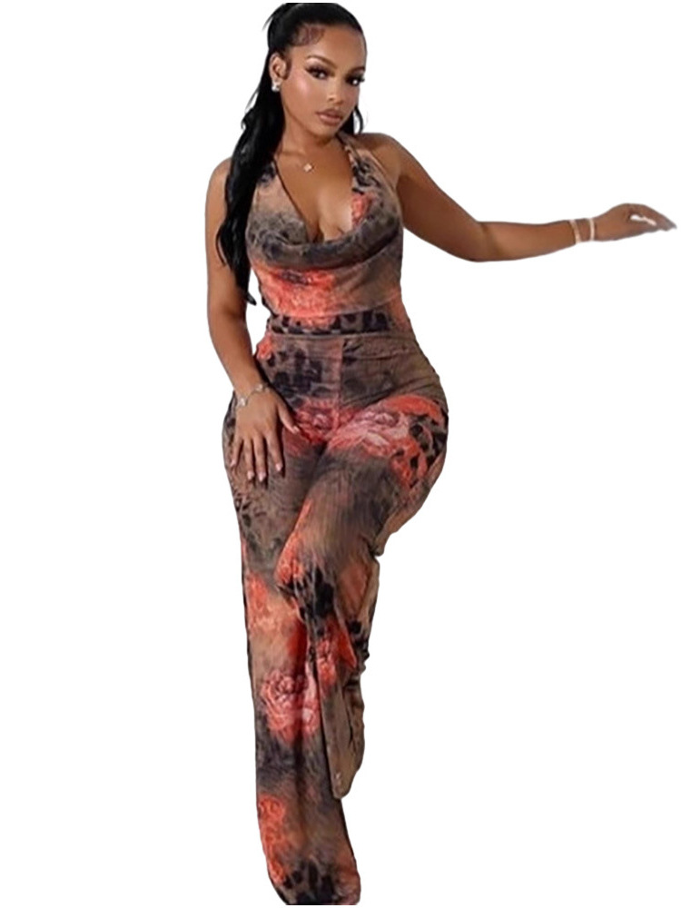 Women's Sexy Leopard Floral Print Halter Neck Jumpsuit