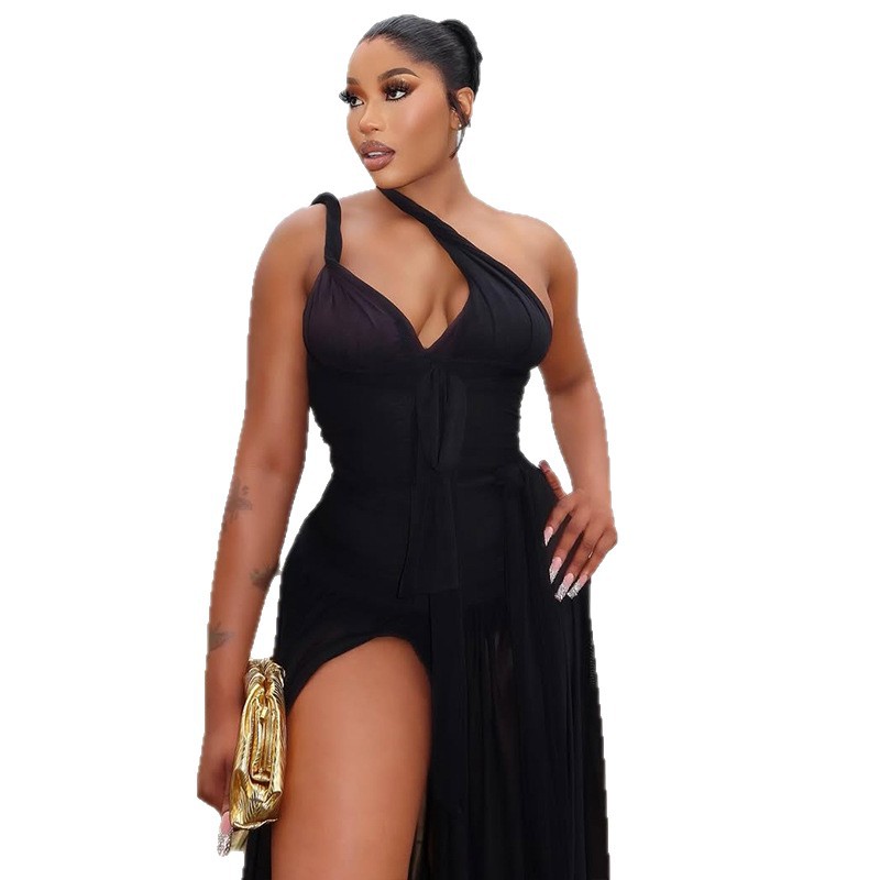 Women's Fashion Chic Solid Color Irregular Slash Shoulder Low Back Slit Long Dress