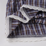 Women's Plaid Lace Trim Elastic Tie-Waist Trendy Woven Short Shirt Set
