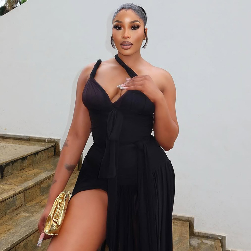 Women's Fashion Chic Solid Color Irregular Slash Shoulder Low Back Slit Long Dress