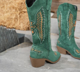 Women's Fashion Autumn Winter Mid Heel Round Toe Plus Size Embroidered Leather Boots