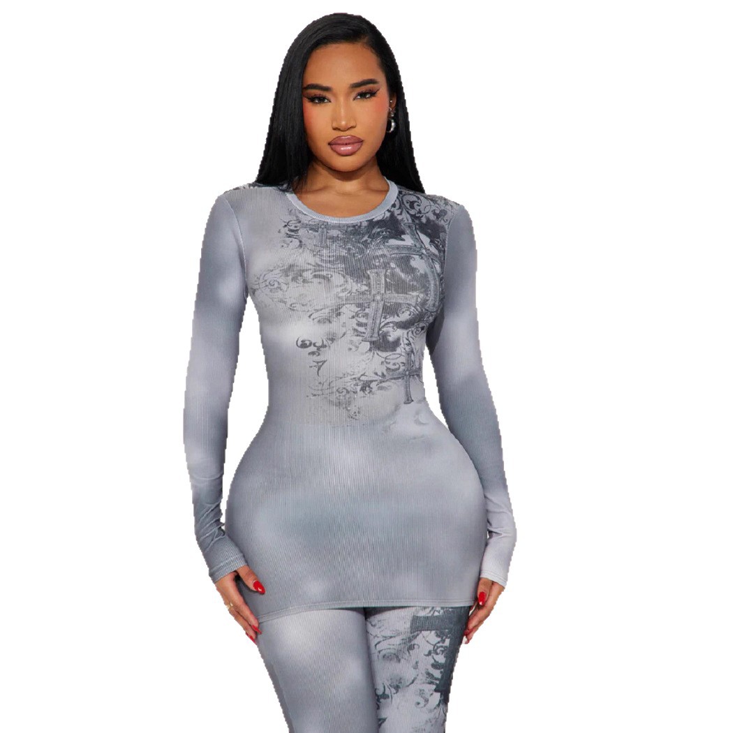 Women's Sexy Tie-Dye Gray Long Sleeve Top Flared Pants Two-Piece Set