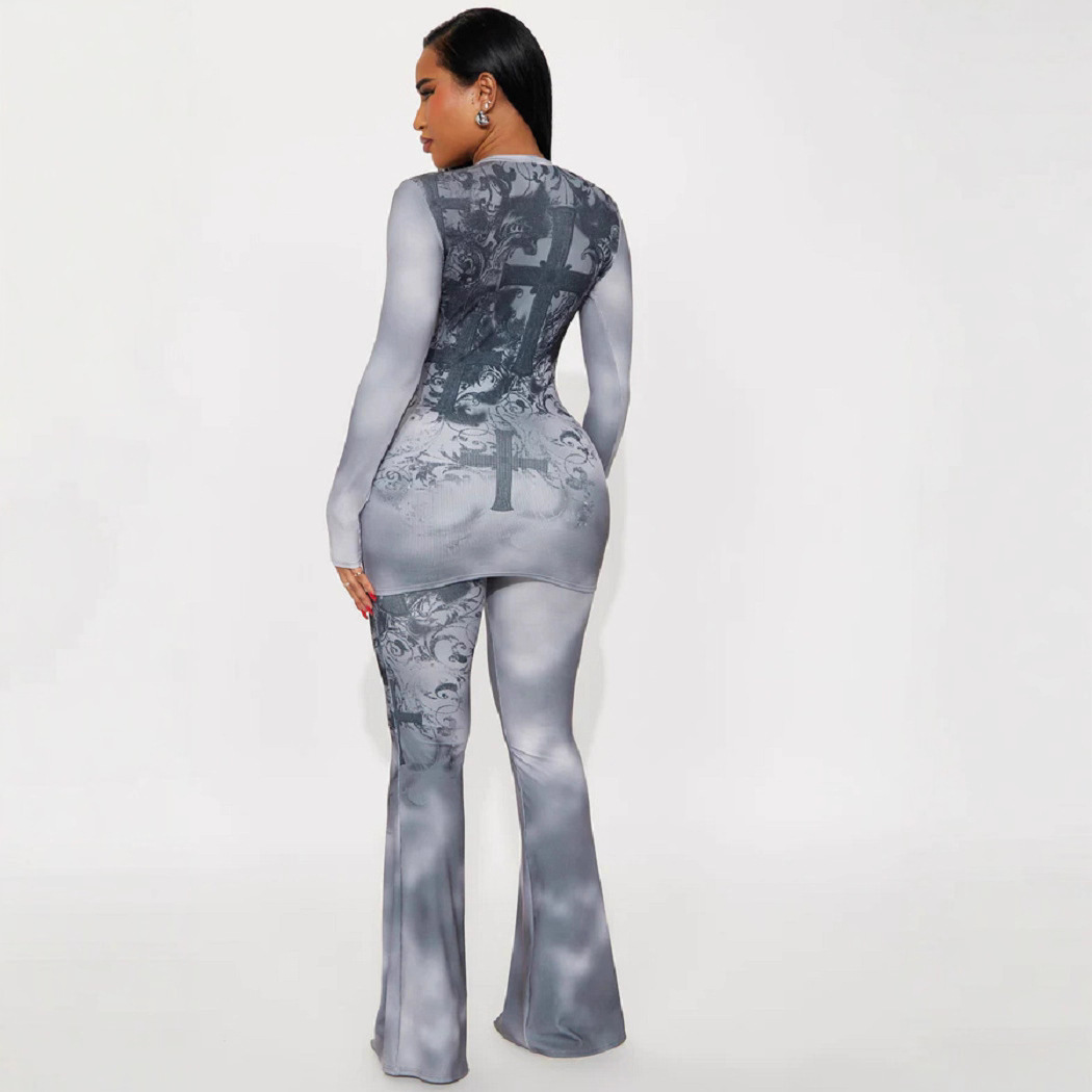 Women's Sexy Tie-Dye Gray Long Sleeve Top Flared Pants Two-Piece Set