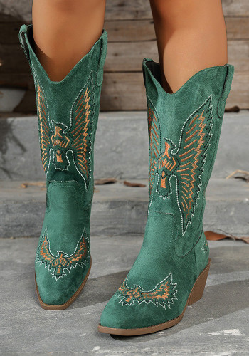 Women's Fashion Autumn Winter Mid Heel Round Toe Plus Size Embroidered Leather Boots