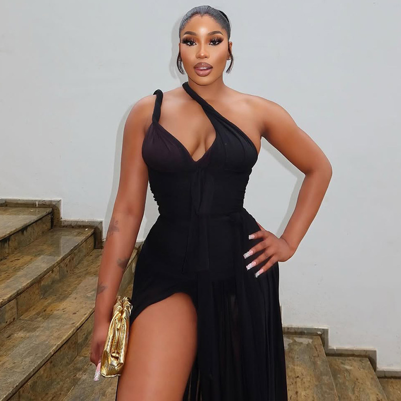 Women's Fashion Chic Solid Color Irregular Slash Shoulder Low Back Slit Long Dress