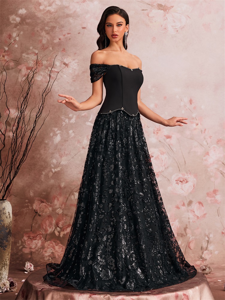 Women's Elegant Sequin Patchwork False Two-Piece Evening Gown