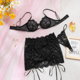 Women's Sexy Lightweight Hollow-Out Underwire Push-Up Lace Bra Drawstring Bodycon Skirt Lingerie Set