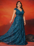 Women's Large V-Neck Sequin Floor-Length Elegant Bell Sleeve Formal Party Evening Gown