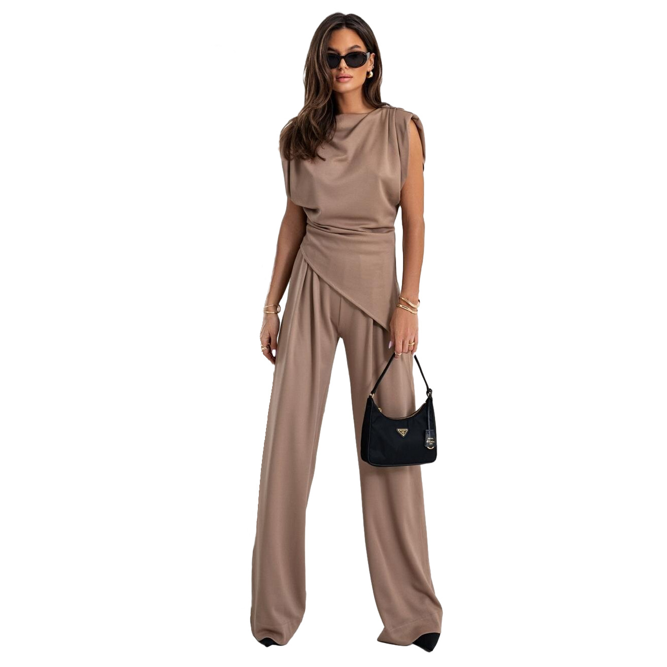 Women's Fashion Casual Solid Color Irregular Short Sleeve Loose Pants Set