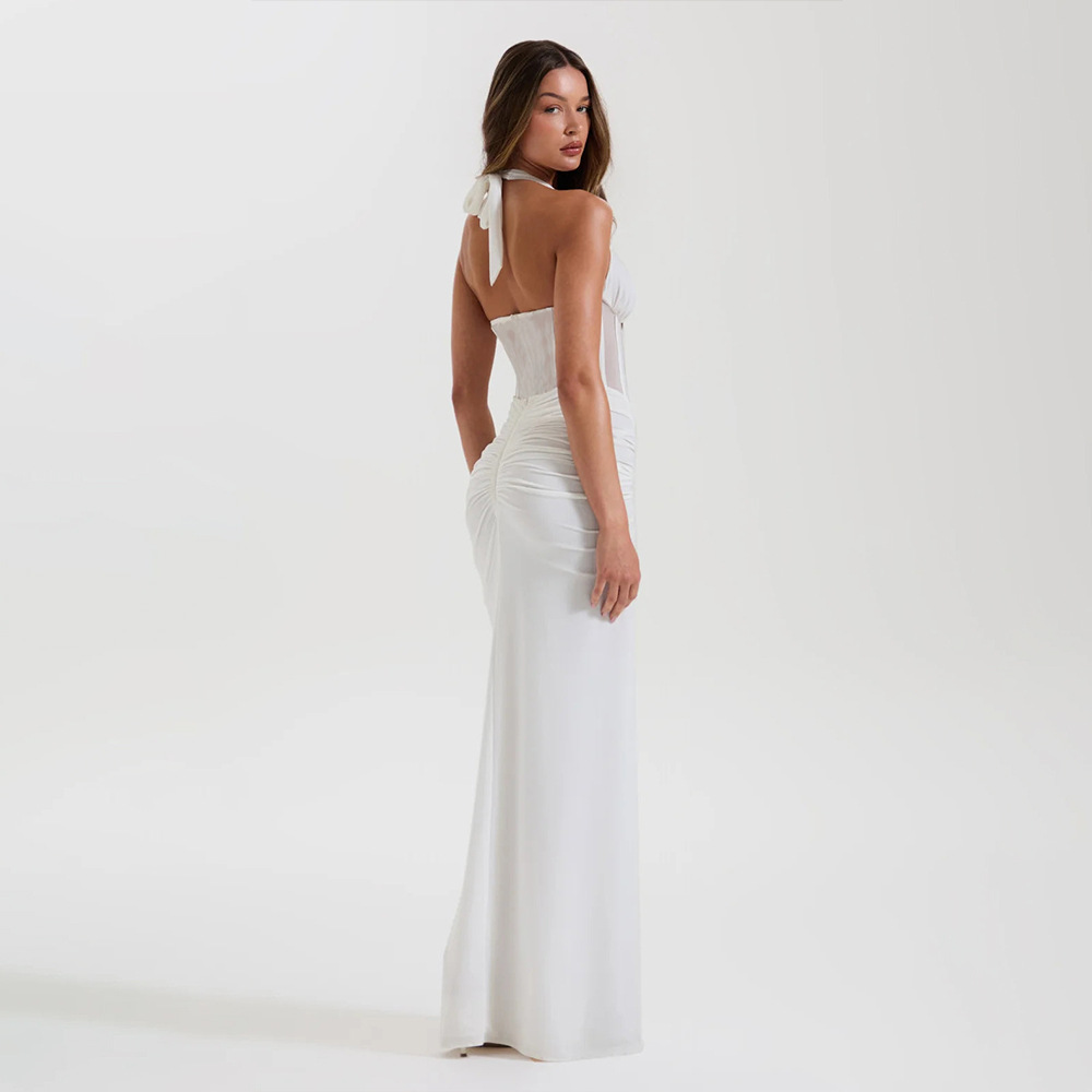 Women's Halter Neck Mesh Patchwork Elegant Bodycon Long Dress