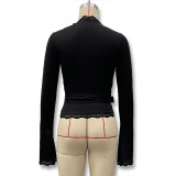 Women's Autumn Solid Color Sexy V-Neck Lace Trim Tie-Waist Long Sleeve Slim-Fitting T-Shirt