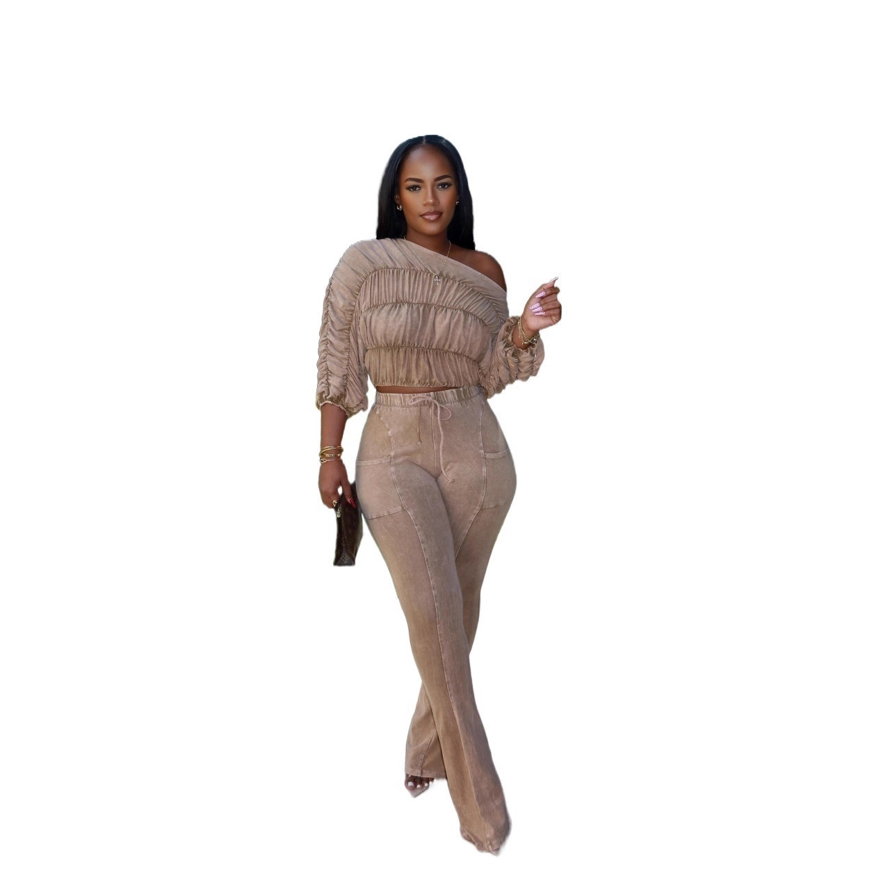 Women's Sexy Crop Top Slim-Fitting Flared Pants Two-Piece Set