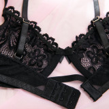 Women's Sexy Lightweight Hollow-Out Underwire Push-Up Lace Bra Drawstring Bodycon Skirt Lingerie Set