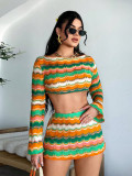 Women's Autumn Winter Sexy Crop Top Yarn-Dyed Multi-Color Skirt Set