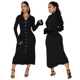 Women's Fashion V-Neck Single Row Buttons Long Sleeve Solid Long Dress