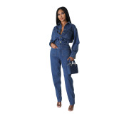 Women's Slim-Fitting Stretch  Washed Denim Pocket Jumpsuit