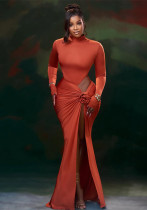 Women's Floral Ruffle Slit Stand Collar Hollow-Out Slim-Fitting Long Sleeve Solid Long Dress Women's Floral Ruffle Slit Stand Collar Hollow-Out Slim-Fitting Long Sleeve Solid Long Dress