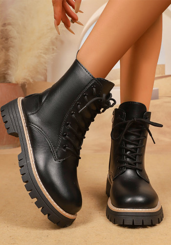 Women's Platform Martin Boots Autumn Winter Front Lace-Up Black Plus Size Height-Increasing Leather Boots