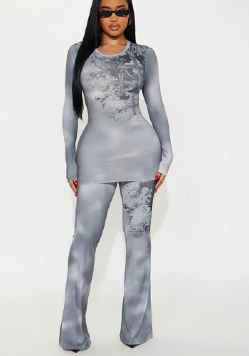 Women's Sexy Tie-Dye Gray Long Sleeve Top Flared Pants Two-Piece Set