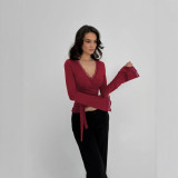Women's Autumn Solid Color Sexy V-Neck Lace Trim Tie-Waist Long Sleeve Slim-Fitting T-Shirt