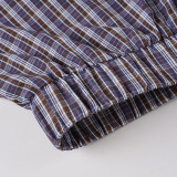 Women's Plaid Lace Trim Elastic Tie-Waist Trendy Woven Short Shirt Set