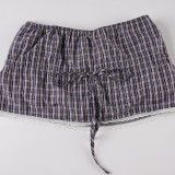 Women's Plaid Lace Trim Elastic Tie-Waist Trendy Woven Short Shirt Set