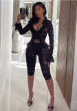 Women's Sexy Lace See-Through Ruffle Edge Bell Bottom Long Sleeve Top Mid-Length Shorts Two-Piece Set