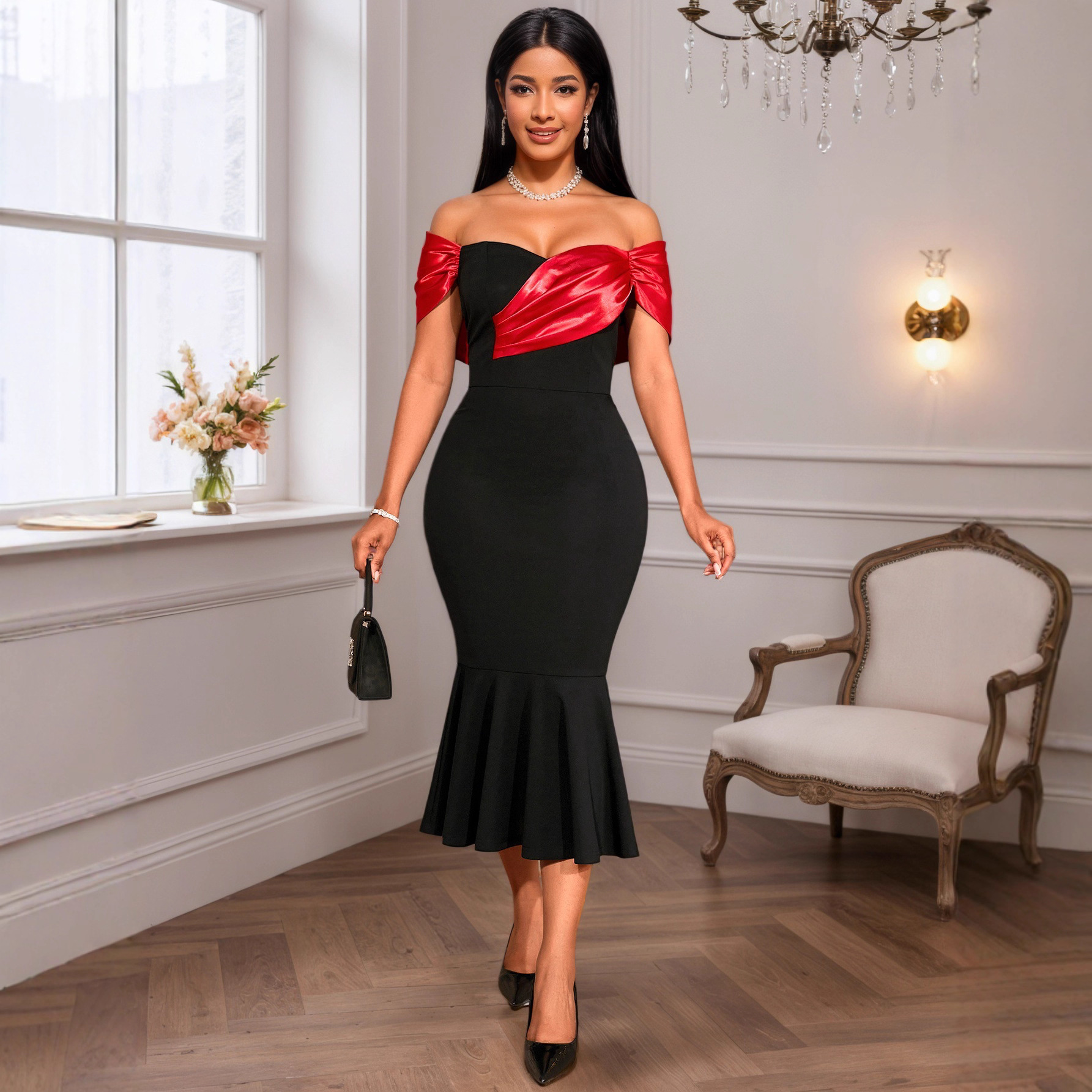 Women's Off-Shoulder Sexy Color-Blocking Party Dress with Flounce Hem Slim Fit Mermaid Evening Gown