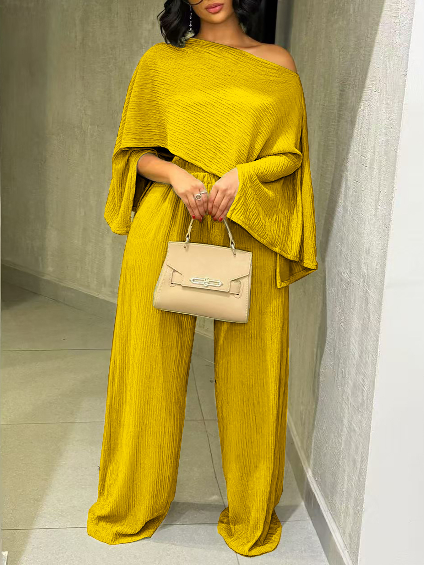 Women's Fashion Sexy Beach Holidays Solid Slash Shoulder Irregular Top with Elastic Waist Pockets Long Pants Set