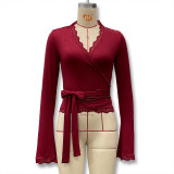 Women's Autumn Solid Color Sexy V-Neck Lace Trim Tie-Waist Long Sleeve Slim-Fitting T-Shirt