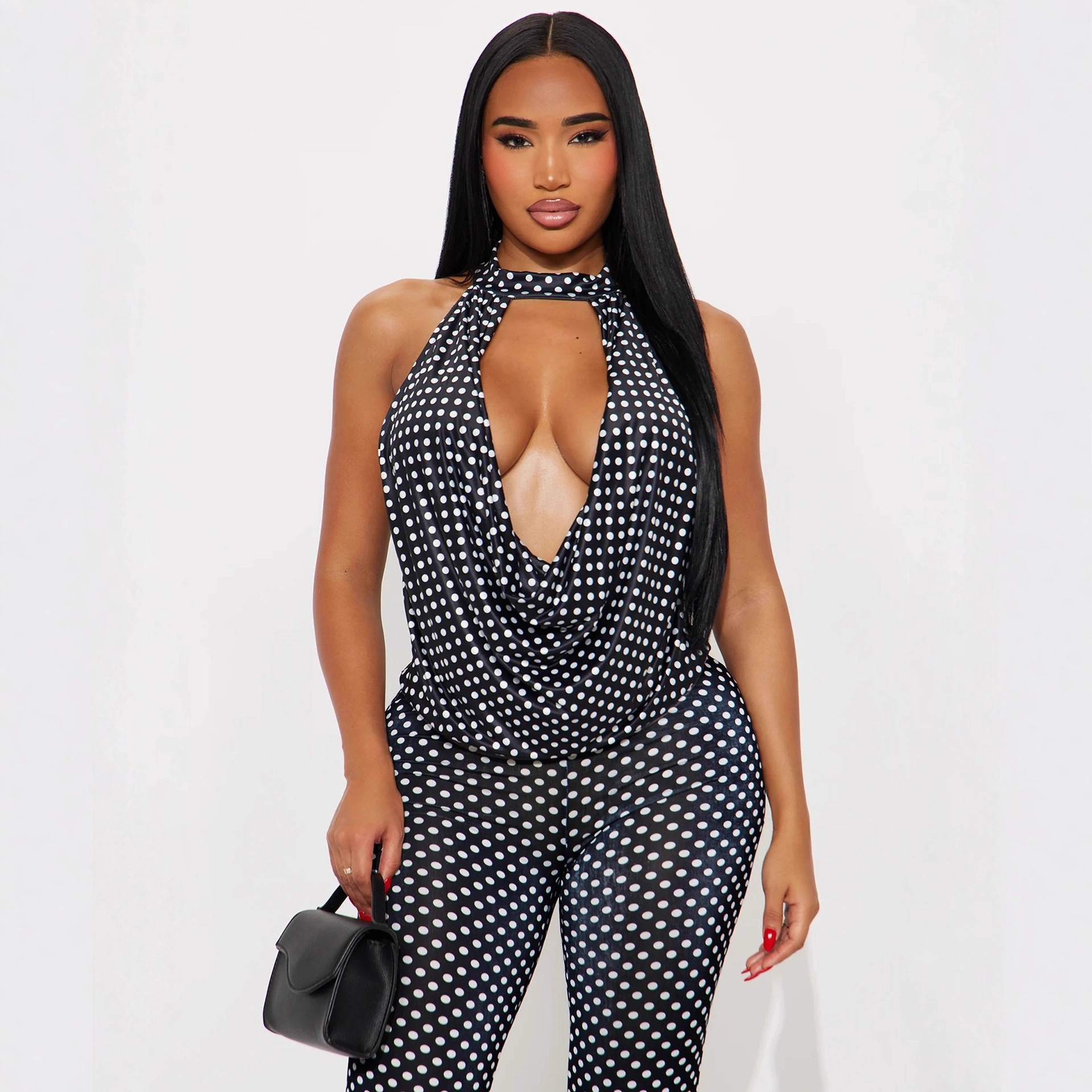 Women's Fashion Spot Print Hollow Out Strappy Top Pants Two-Piece Set