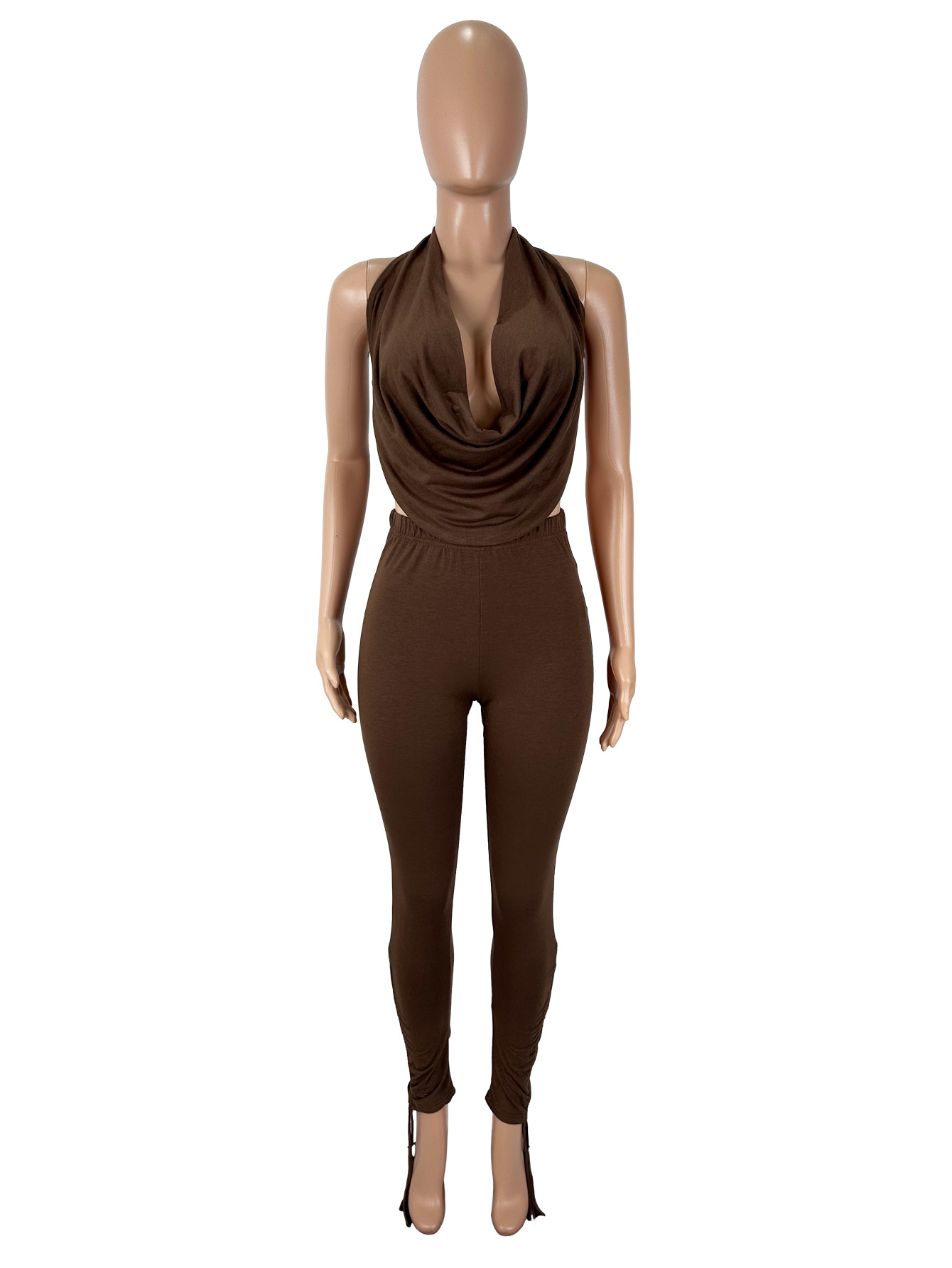 Women's Sexy Halter Neck Draped Neck Large Low Back Lace-Up Top with Drawstring Ankle Pants Two-Piece Set