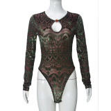 Women's Sexy Autumn Slim-Fitting Flocked Round Neck Long Sleeve Stretch Bodysuit