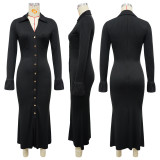Women's Fashion V-Neck Single Row Buttons Long Sleeve Solid Long Dress