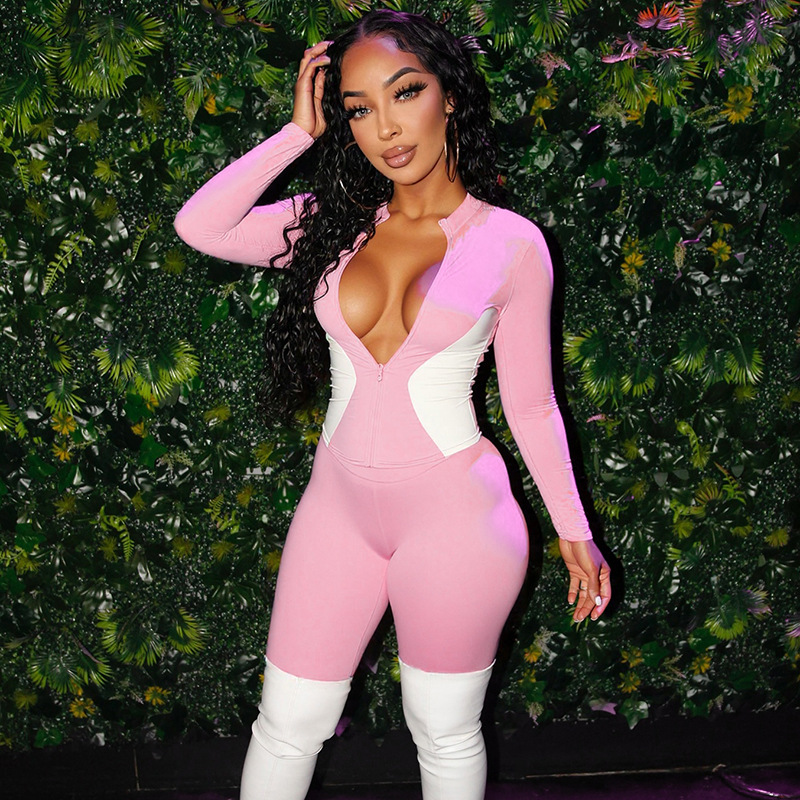 Women's Autumn Slim-Fitting Zipper Fitness Color-Blocking Sport Jacket Pants Set