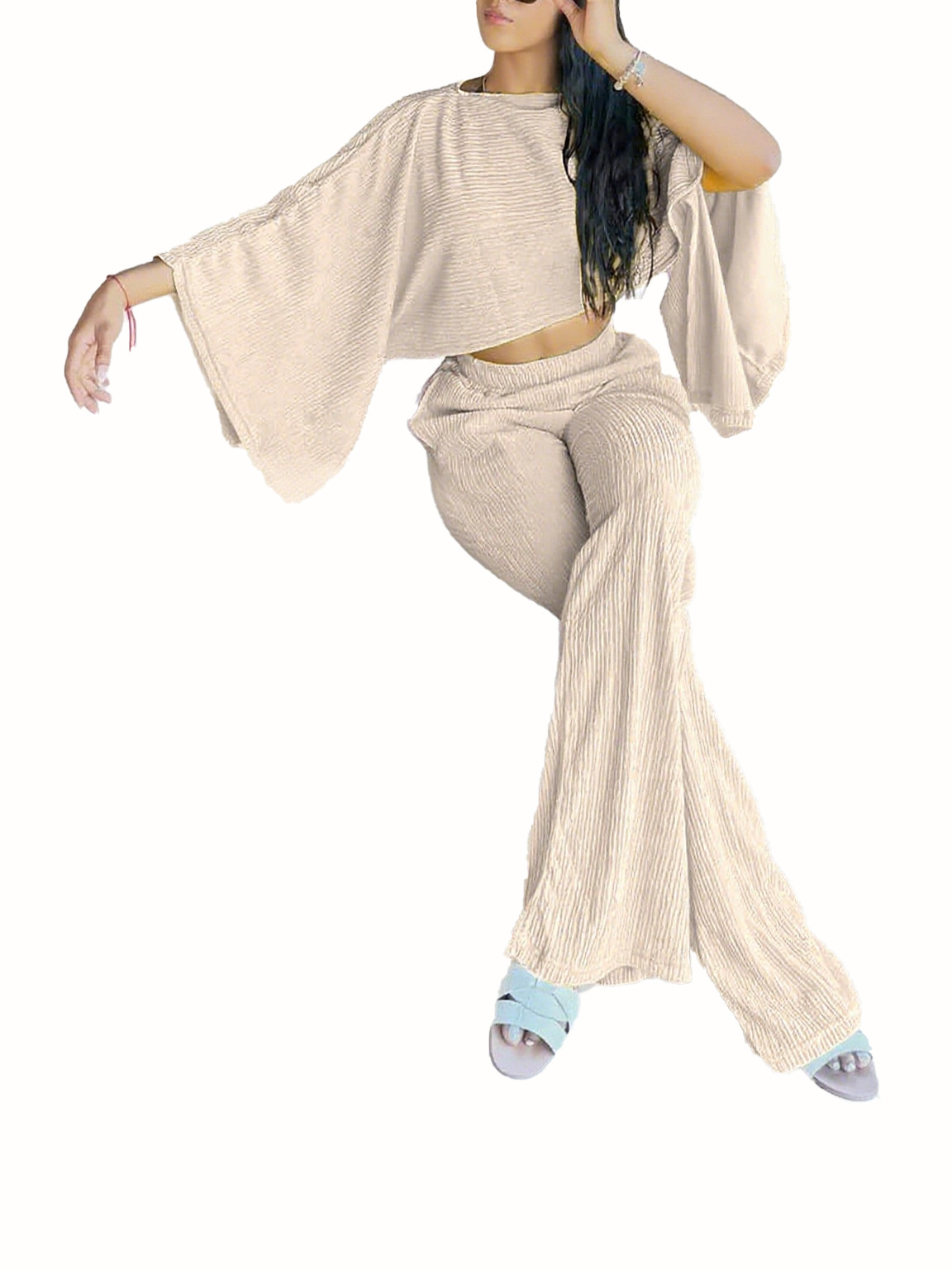 Women's Fashion Sexy Beach Holidays Solid Slash Shoulder Irregular Top with Elastic Waist Pockets Long Pants Set