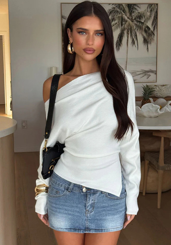 Women's Autumn Winter Solid Slash Shoulder Slim Fit Irregular Top