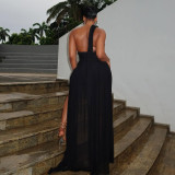 Women's Fashion Chic Solid Color  Irregular Slash Shoulder Low Back  Slit Long Dress