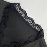 Women's Autumn Solid Color Sexy V-Neck Lace Trim Tie-Waist Long Sleeve Slim-Fitting T-Shirt