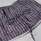 Women's Plaid Lace Trim Elastic Tie-Waist Trendy Woven Short Shirt Set