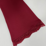 Women's Autumn Solid Color Sexy V-Neck Lace Trim Tie-Waist Long Sleeve Slim-Fitting T-Shirt